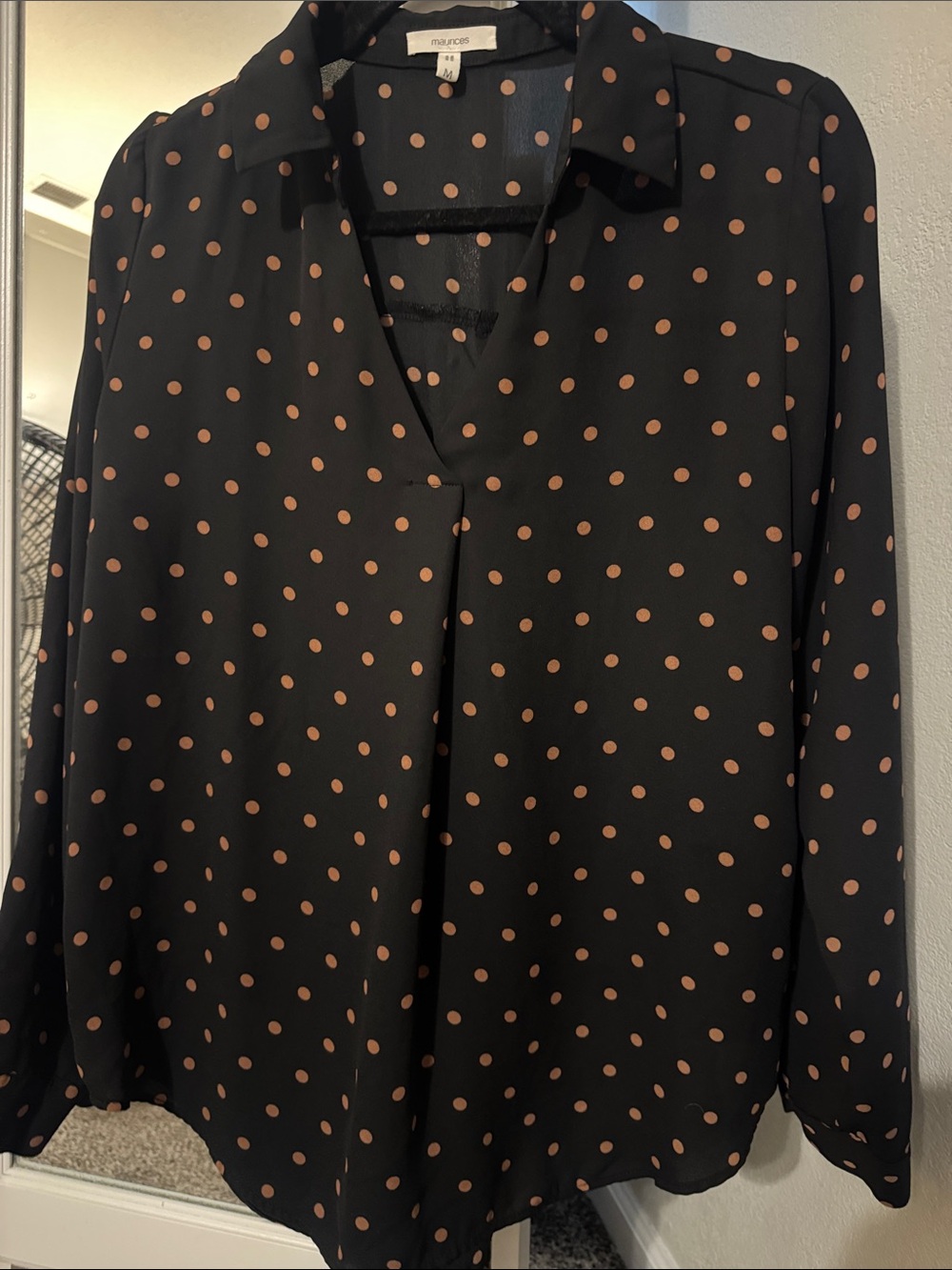 Maurices Black Blouse with Tan Polka Dots